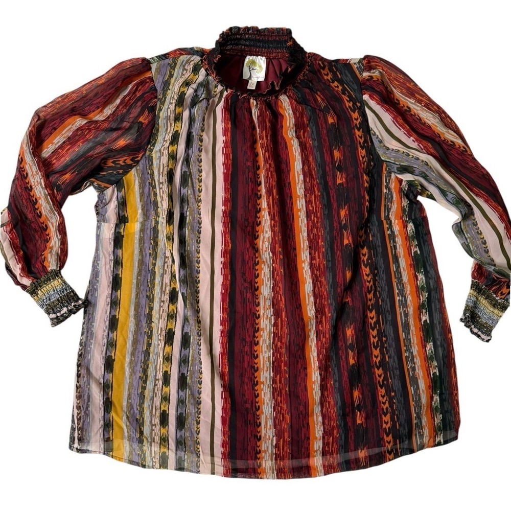 Fig & Flower Womens 1X Boho Peasant Blouse Smocked Neck Bold Stripes Tunic Sheer